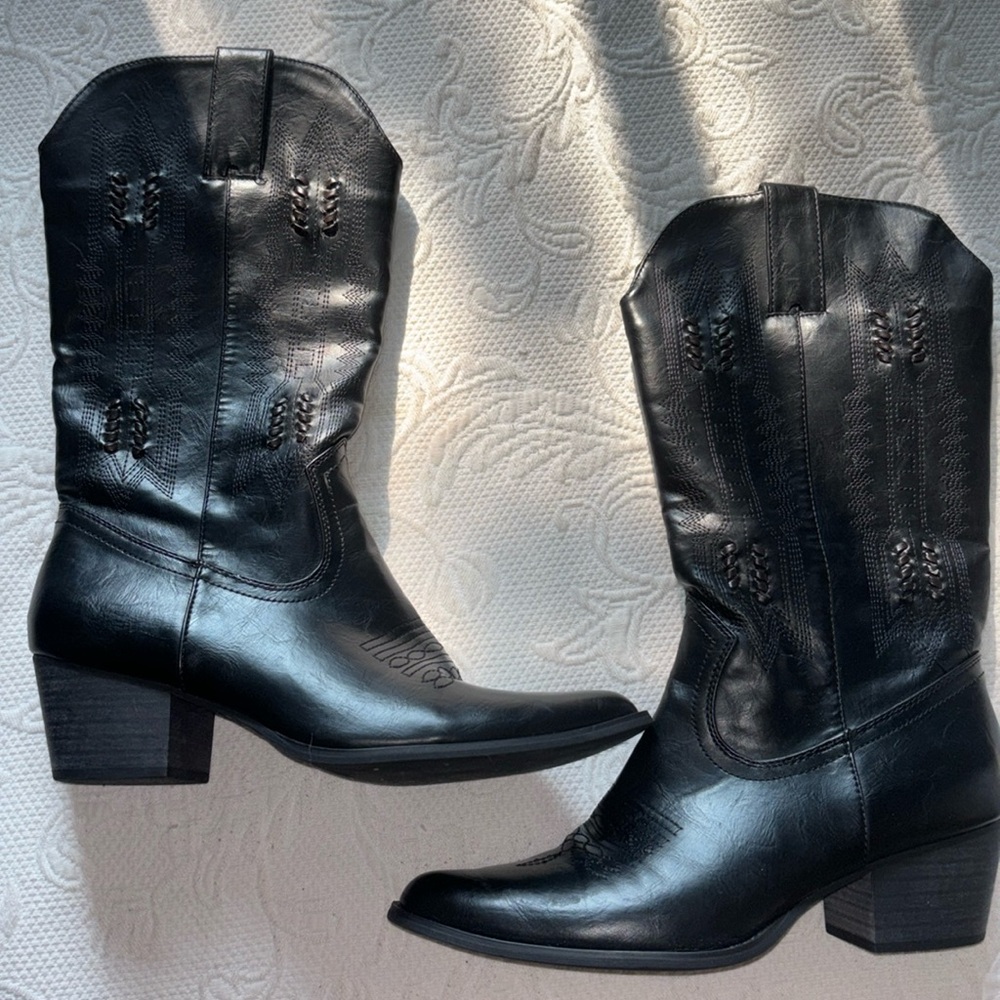 Black Faux Leather Cowgirl Boots